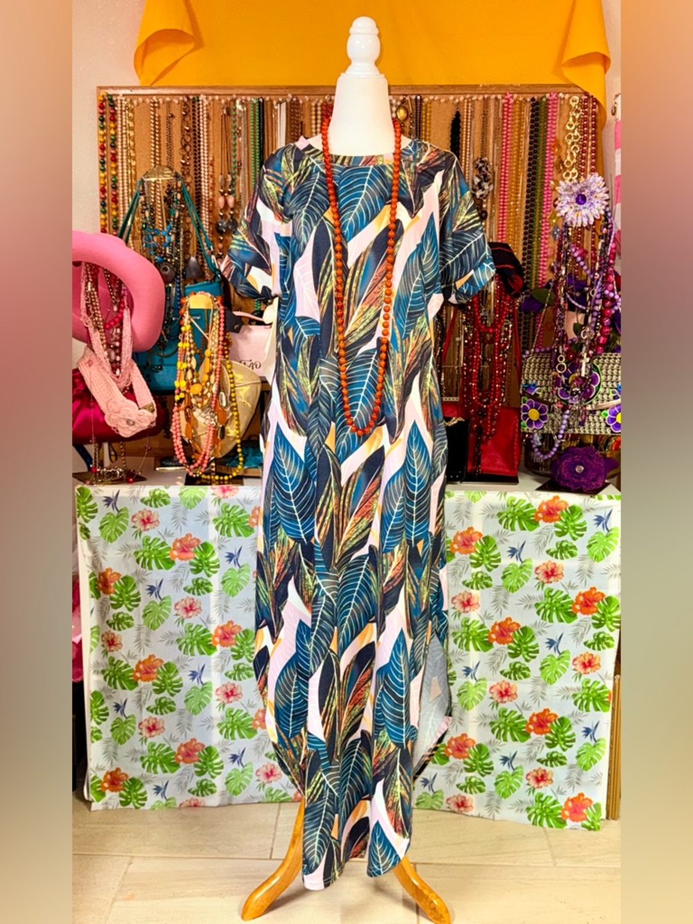 Tropical Leaf Print Maxi Dress - Blue/Green